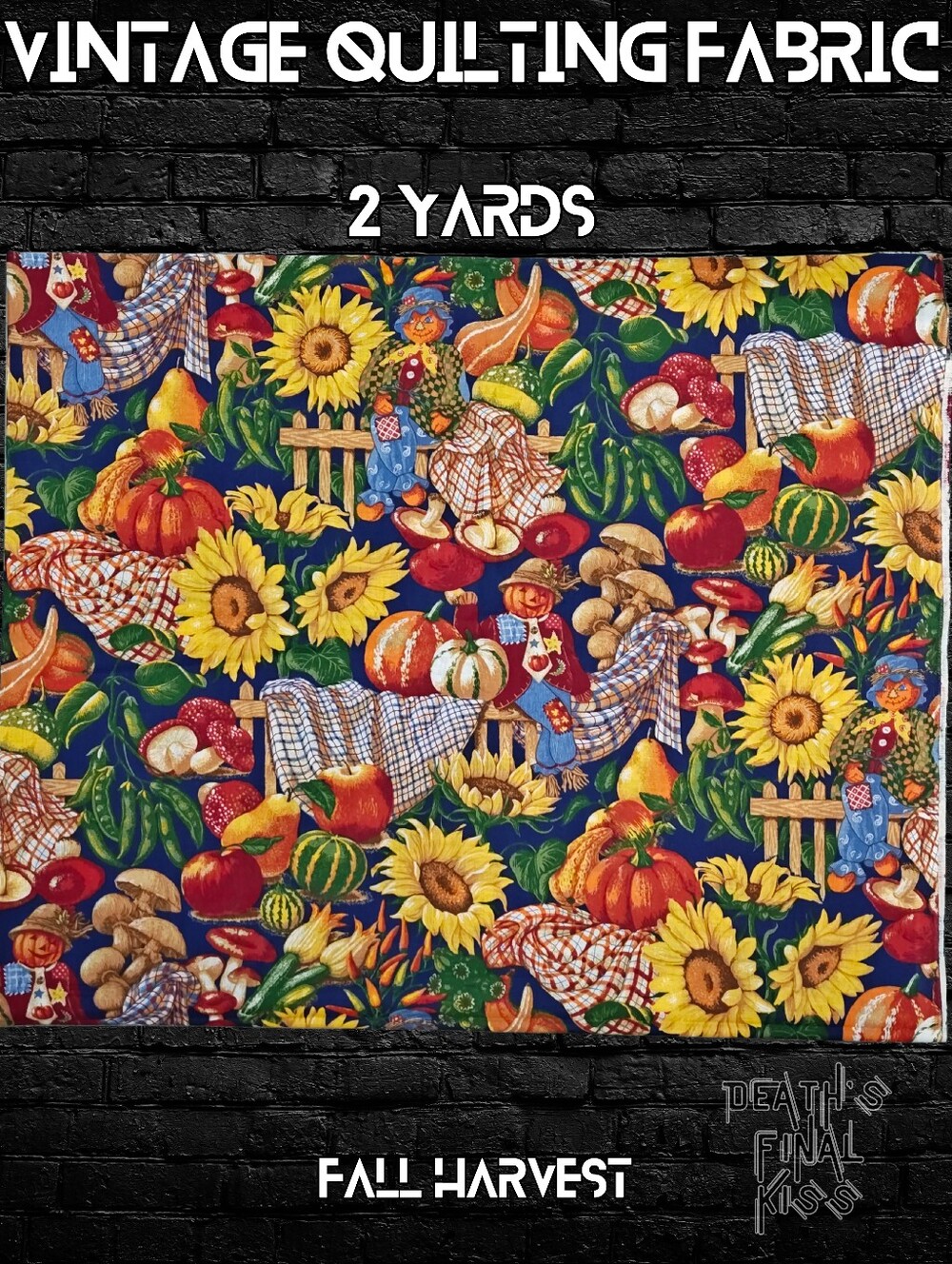 🌻🍄Vintage 90s Quilting Cotton 2yds Autumn Harvest Mushroom Scarecrow Sunflower
